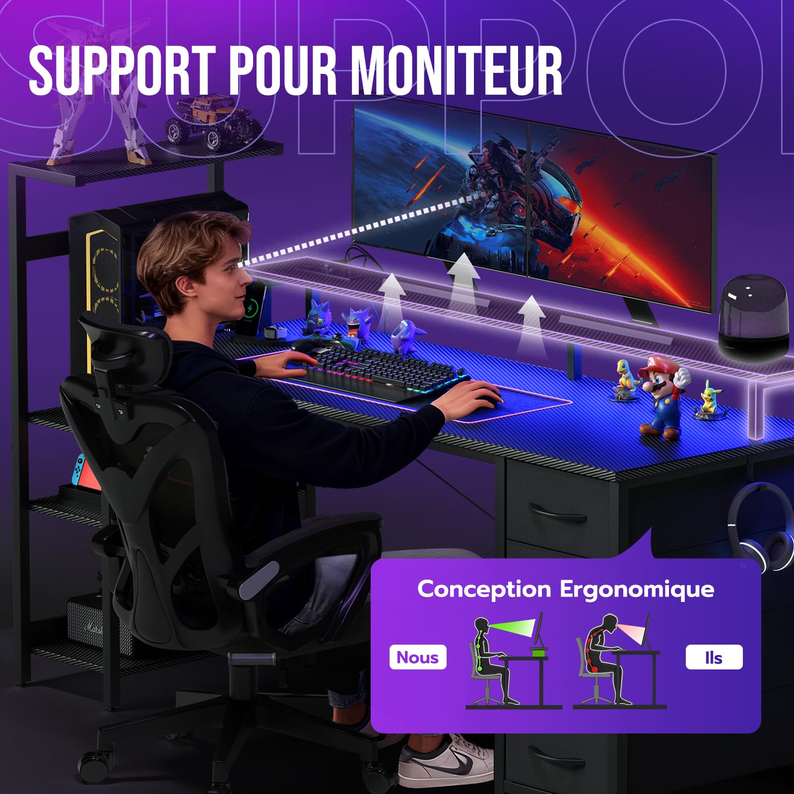 YOUDENOVA Table de Jeu avec éclairage LED et Prise, 150 x 50 cm, Bureau d'ordinateur avec tiroirs, Fibre de Carbone, Noir