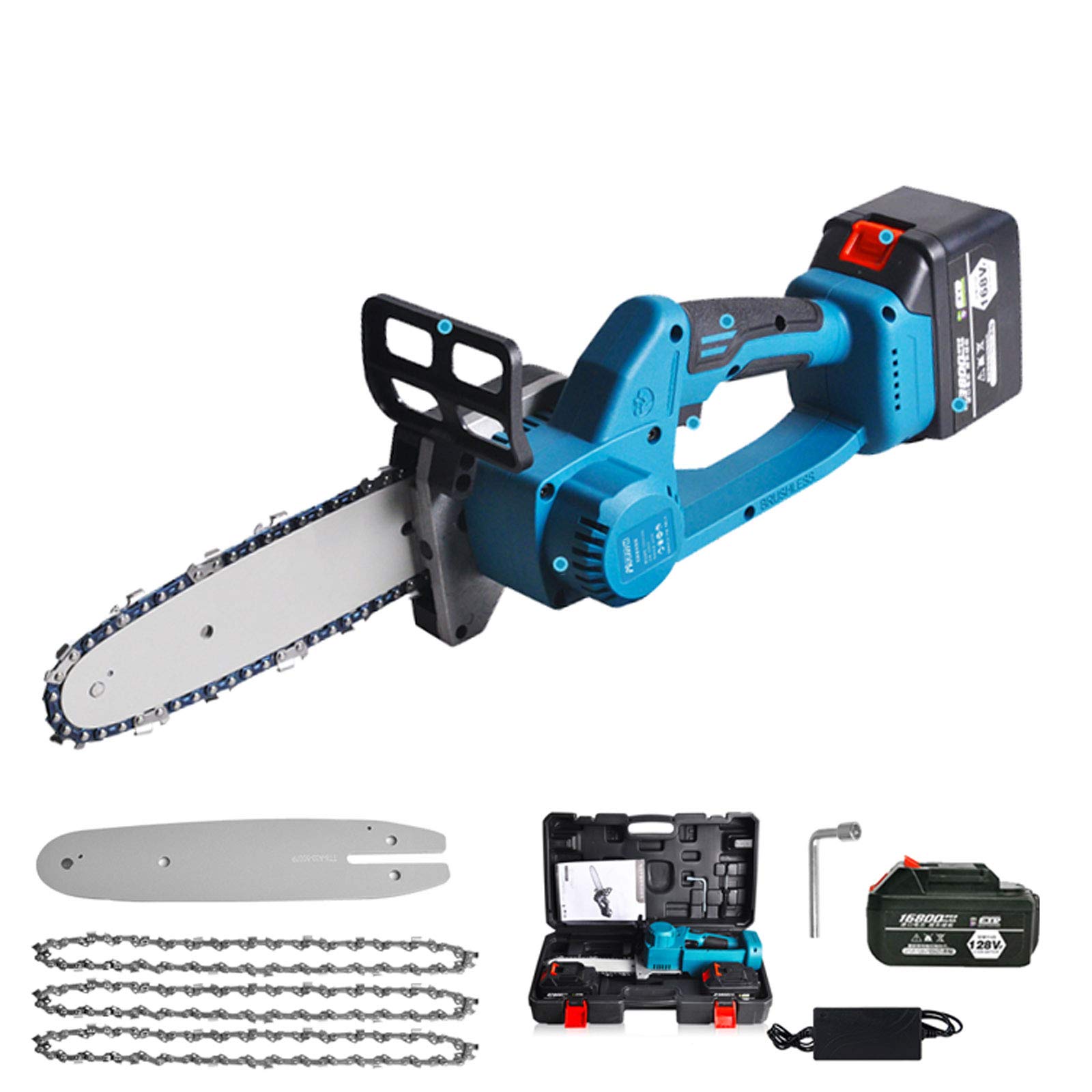 APOE Mini Motosierra Eléctrica Inalámbrica de Mano con Bateria, Sierra de Podar a Bateria, 128V Motosierras Portátil Pequeñas con Cargador y 2 Baterías para árboles de Jardín