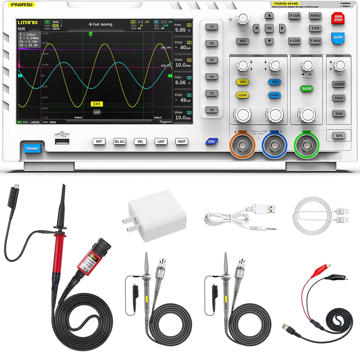 FNIRSI 1014D Oscilloscope - 2 in 1 Digital Oscilloscope DDS Signal Generator 2 Channels 100Mhz Bandwidth 1GSa/s Sampling Rate Built-in 1GB Storage Space