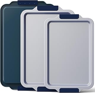 BRONYPRO Non Stick Ceramic Baking Sheet Pan Set of 3, Natural Non Toxic Cookie Sheets for Baking - PFOA, PTFE Free, Heavy Duty Aluminized Steel Oven Trays for Cooking with Silicone Handles, Navy