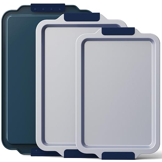 Non Stick Ceramic Baking Sheet Pan Set of 3, Natural Non Toxic Cookie Sheets for Baking - PFOA, PTFE Free, Heavy Duty Aluminized Steel Oven Trays for Cooking with Silicone Handles, Navy