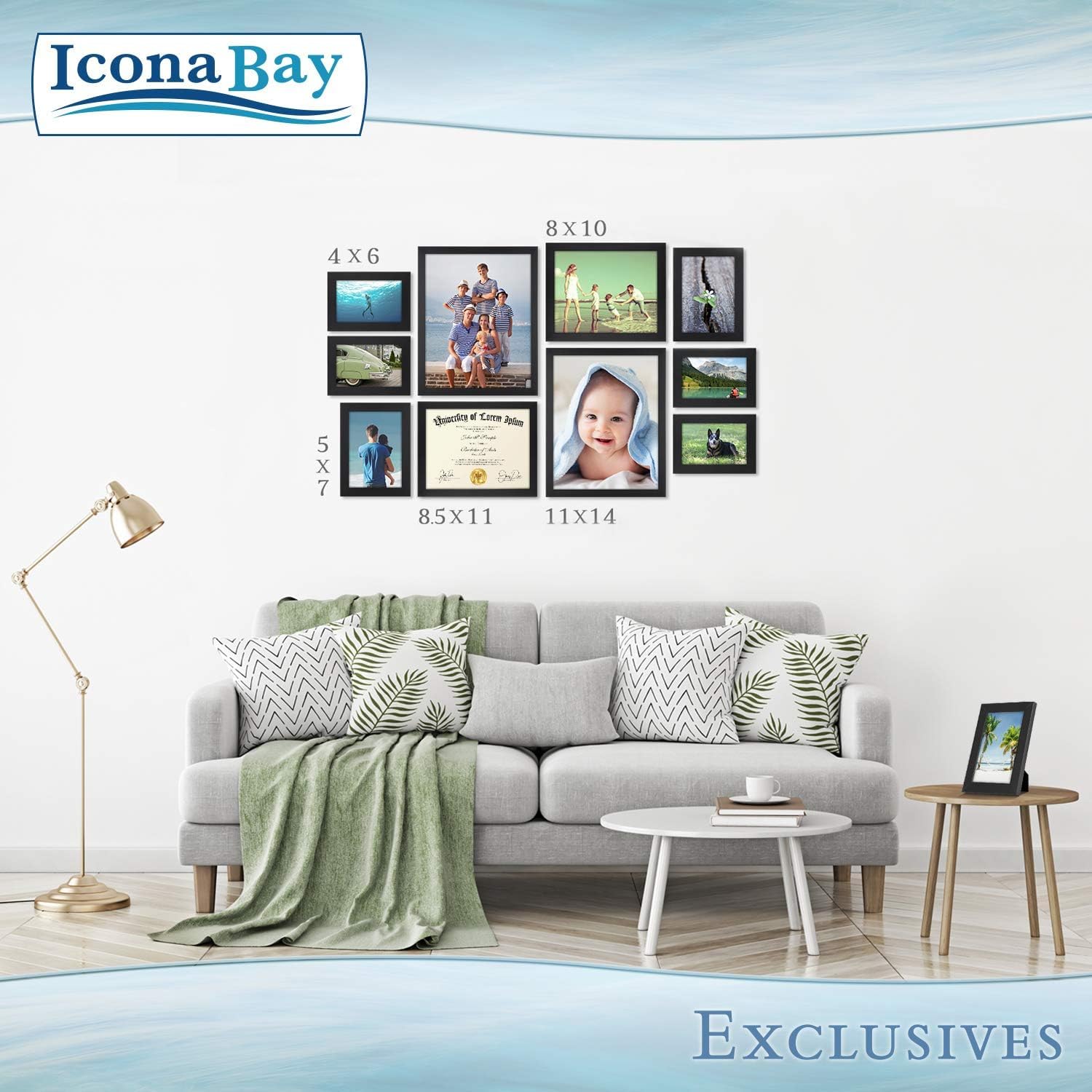 Icona Bay Marcos de fotos de 8 x 10 pulgadas (negro, paquete de 12), marco de fotos compuesto de madera resistente de 8 x 10 pulgadas, diseño elegante, soporte de mesa o pared, colección exclusiva