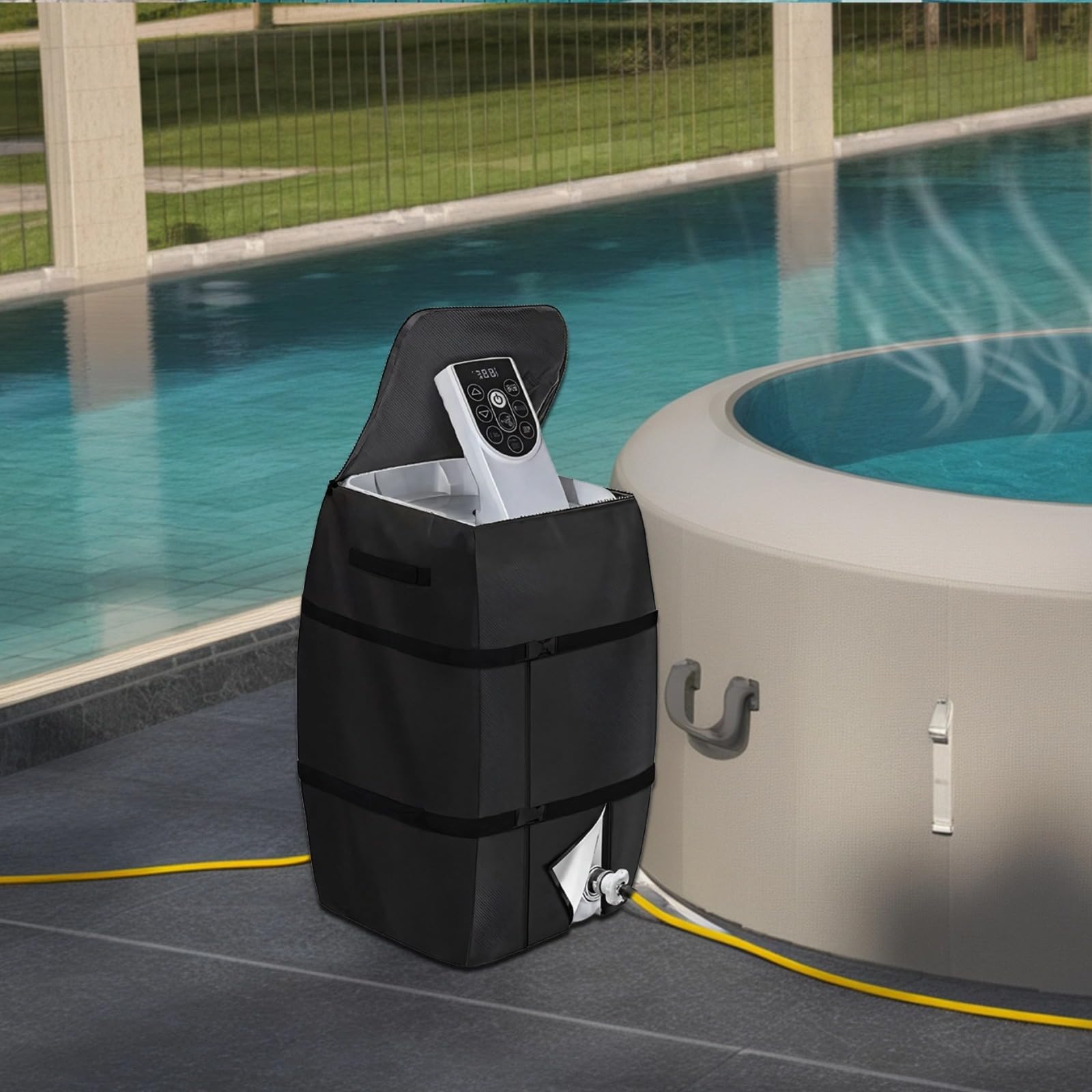 Spa Pump and Heater Cover with Control Panel Window, Heavy-Duty Oxford Cloth Protection, Waterproof Outdoor Equipment Enclosure