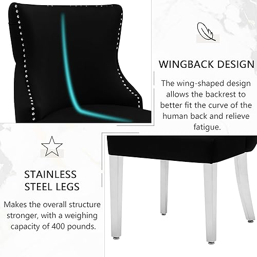 Miniatura 5 de Juego de 2 sillas de comedor de terciopelo, respaldo tapizado, Sillas de Comedor, lujosas sillas de comedor con patas de acero inoxidable, asientos