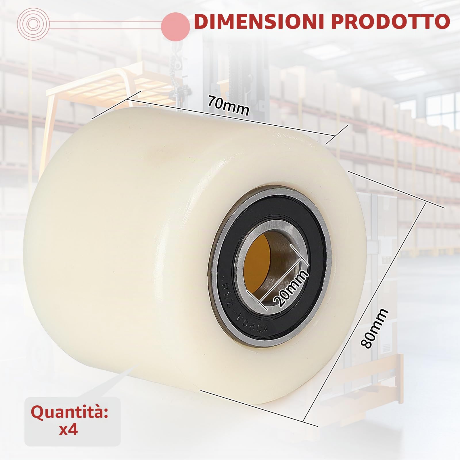 SWAWIS 4 pezzi Ruote Transpallet in Nylon 80 x 70mm Asse 20 mm con Cuscinetti a Sfera Ruota Carico Massimo 500 KG Ruote di Ricambio per Transpallet Manuale