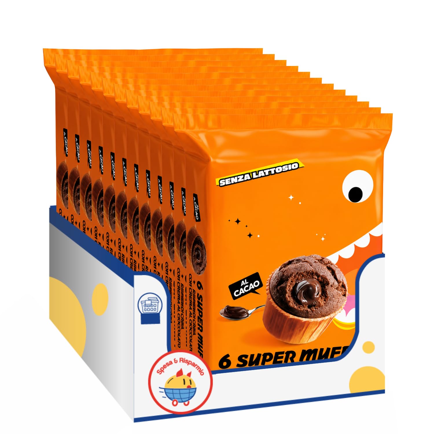 Super Muffin al Cacao con Ripieno di Crema al Cioccolato Senza Lattosio, 300 g, 6 Muffin Soffici Ideali per Colazione e Merenda, Confezione Multipla da 4/8/12 Pezzi (12 PEZZI)