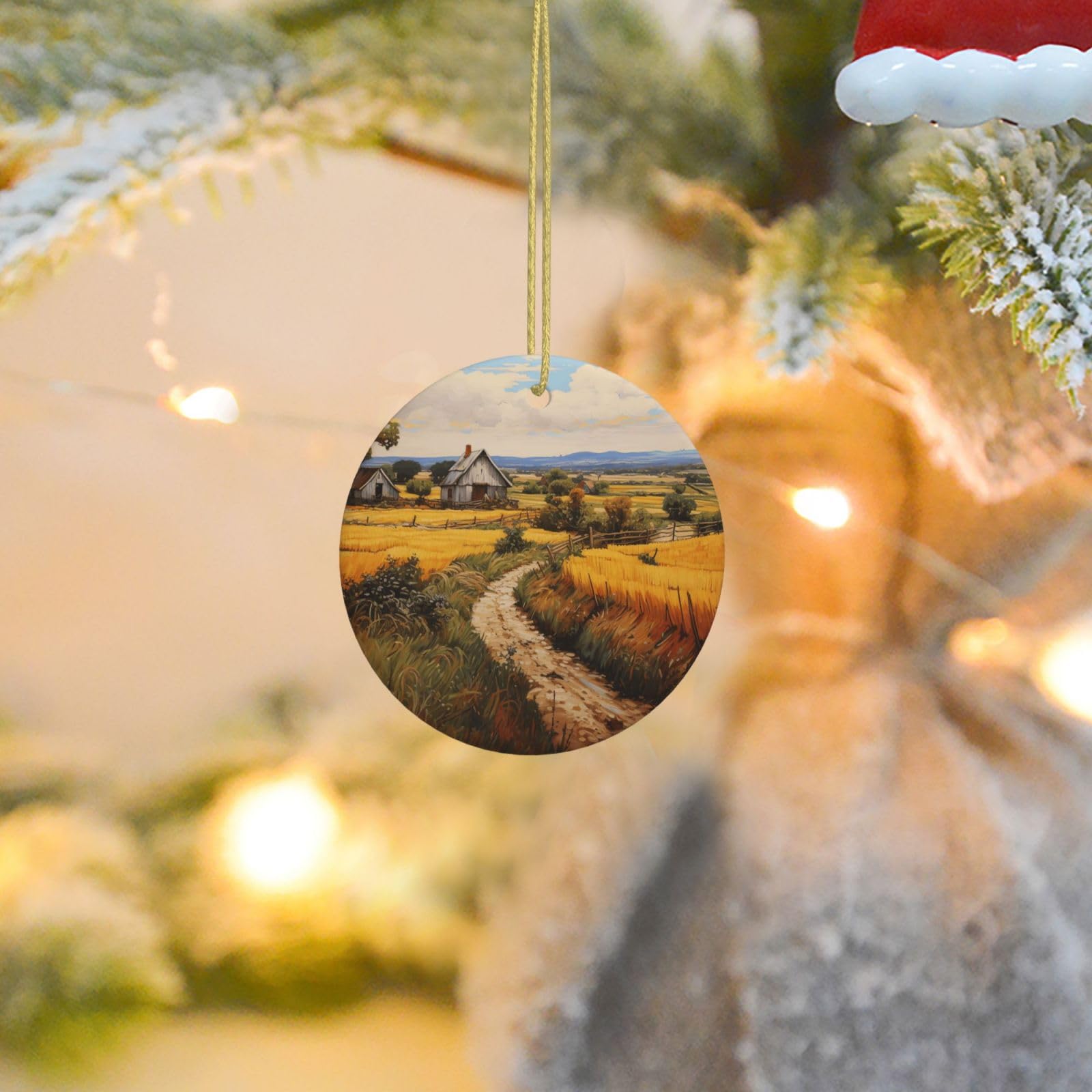 Christmas Tree Ornaments Ceramics Christmas Round Decorations Farm Oil Painting Ceramics Ornaments Circle Pentagram Xmas Tree Hanging Pendant for Christmas Tree Party Holiday Home Decor