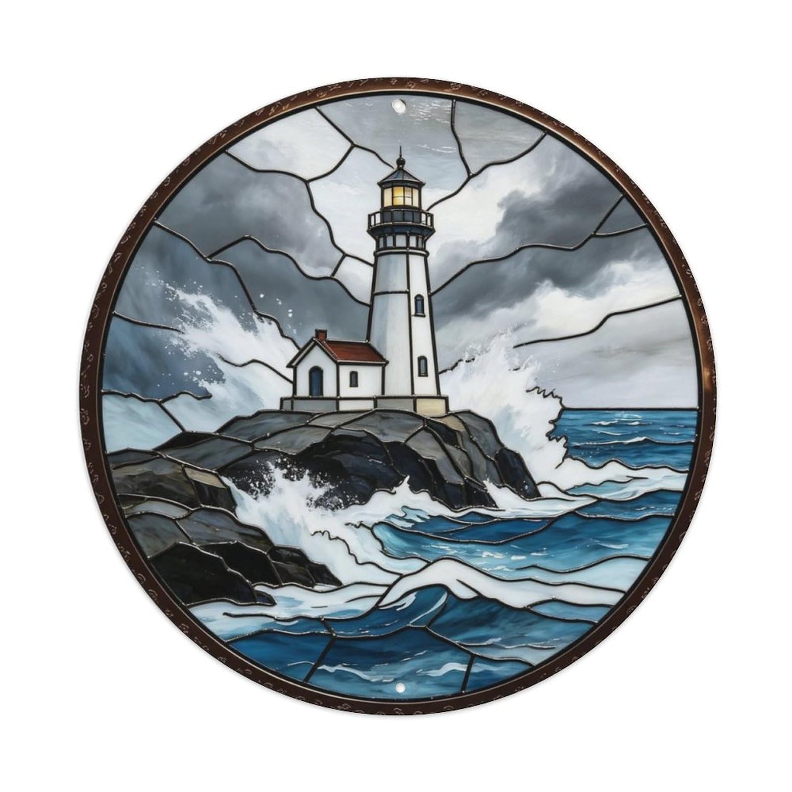 Lighthouse Rocky Cliff Ocean Storm Stained Glass Metal Tin Sign Plaque