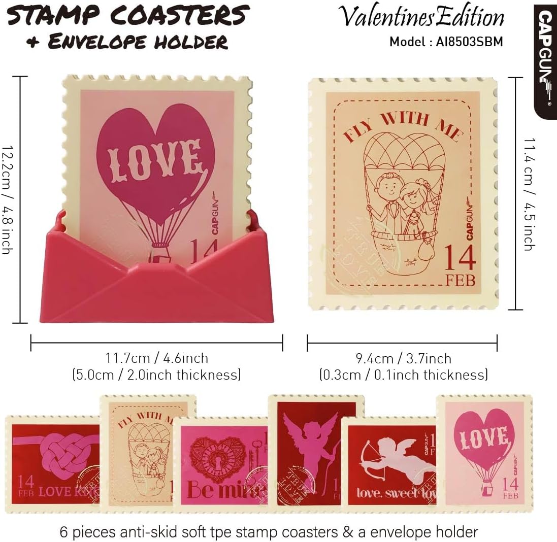 6 Pcs Vintage Stamp Coasters Set in Gift Box - Valentine's Day Gift for Stamp Collectors, Unique Drink Coasters for Home, Bar & Cafe, Romantic Feb 14 Present - Image 4