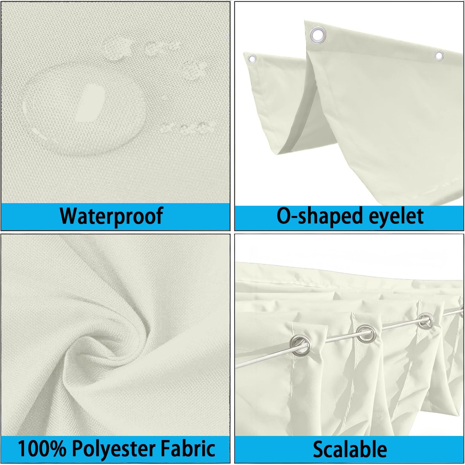 Wellenmarkise 1 x 6 m Wasserdicht, 98% Uv-Schutz, Sonnenschutz, PES Reißfest, Nach Maß, Verstellbar Welle Schattenabdeckung mit Zugseil & Ösen für Garten Terrasse, cremefarben