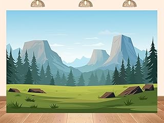 20x10ft Fabric Cartoon Mountain Scenery Backdrop, Nature Landscape with Green Meadow and Pine Forest Background, Professional Photo Studio Props for Birthday Party Camping