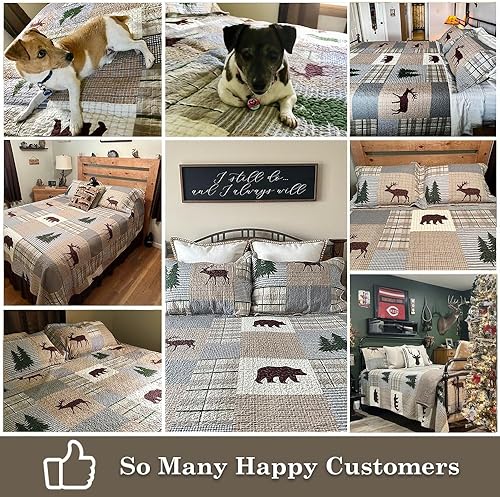 Miniatura 6 de PERHOM Juego de edredón tamaño Queen  Juego de ropa de cama reversible de 100% algodón, diseño de mosaico, oso marrón, ciervo, retazos, con 2 fundas