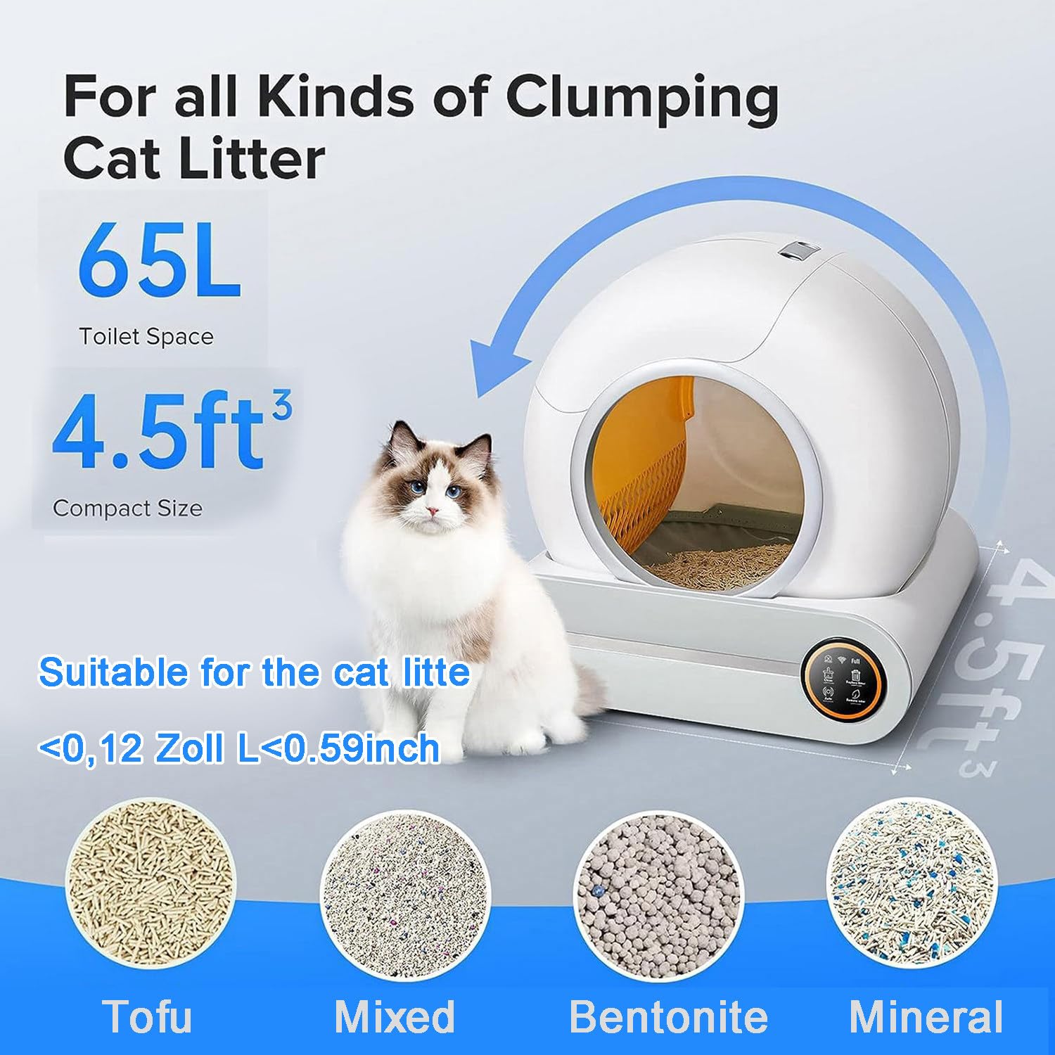 65L Arenero Autolimpiable para Gatos Robot Automático De Limpieza De Arena para Gato Cat Litter Box Inodoro Gatos con Bolsas De Basura/Alfombrillas,Control De App/Secure