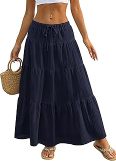 Womens Boho Maxi Skirts Flowy Flared Ruffle Long Skirts Beach Vacation Elastic Waisted Summer Skirts