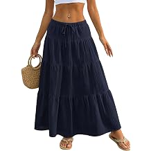 Womens Boho Maxi Skirts Flowy Flared Ruffle Long Skirts Beach Vacation Elastic Waisted Summer Skirts