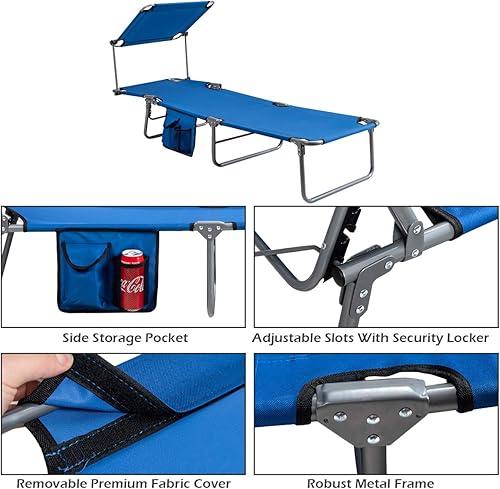 Miniatura 6 de Giantex Silla bronceadora, tumbona de patio con 5 posiciones ajustables, toldo de sombra, bolsillo de almacenamiento, cuna de campamento, sillón