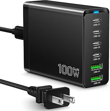 Fast USB C Charging Station, Total 100W 6-Port Charger Block with 4 USB-C and 2 USB-A Ports Quick 3.0 Adapter Work for iPhone 16 15 14 13 Pro Max, iPad, Galaxy, Pixel Portable Multiport Hub Black