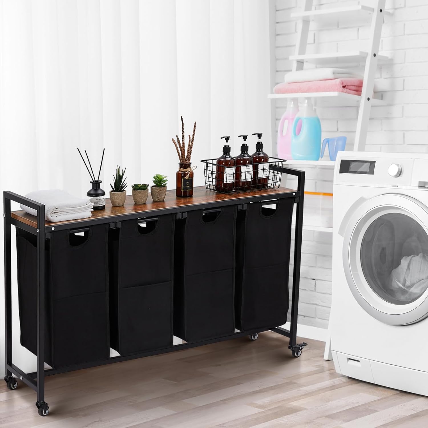 Laundry Hamper, 4 X 36L Laundry Bags & 2 Tier Adjustable Storage Shelf, Pull-Out and Removable Oxford Fabric Laundry Baskets, for Home/Hotel Black