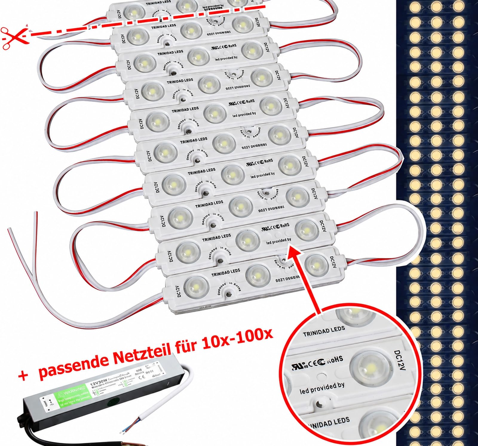 LED Module +- Netzteil - warmweiß 2800K - 12V - 3x 5730 SMD Chip Injektion Licht Beleuchtung Werbetechnik Schaukästen warm (50, mit Netzteil)