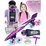 SKITCH Complete Skate Board for Kids 8-12 4-6-8-10 6-12 Year Old Beginner Girls Children Gift Set 22 Inch Penny Board Mini Cruiser Bearing Pink Skateboards Backpack Skate Tool (Purple Galaxy LED+)