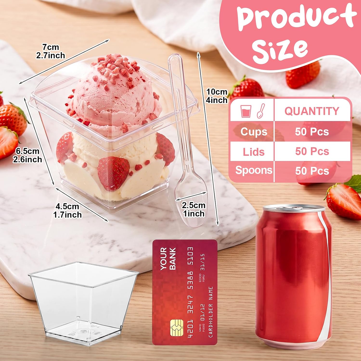 150 Pcs 7 oz Clear Plastic Dessert Cups with Lids and Spoons, Square Mini Shooter Cups, Yogurt Parfait Cups for Pudding, Fruit, Ice Cream, Appetizer Cups for Weddings, Parties, Picnics, and Camping