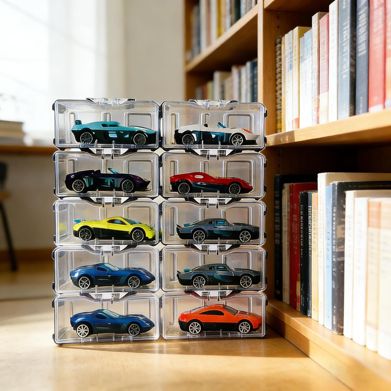80-Pack Interlocking Toy Car Storage Case for 1/64 Scale Die-Cast Cars, Compatible with Hot Wheels & Matchbox Mini Cars, Clear Dustproof Stackable Display Organizer Box with Wall-Mount Holes (Black)