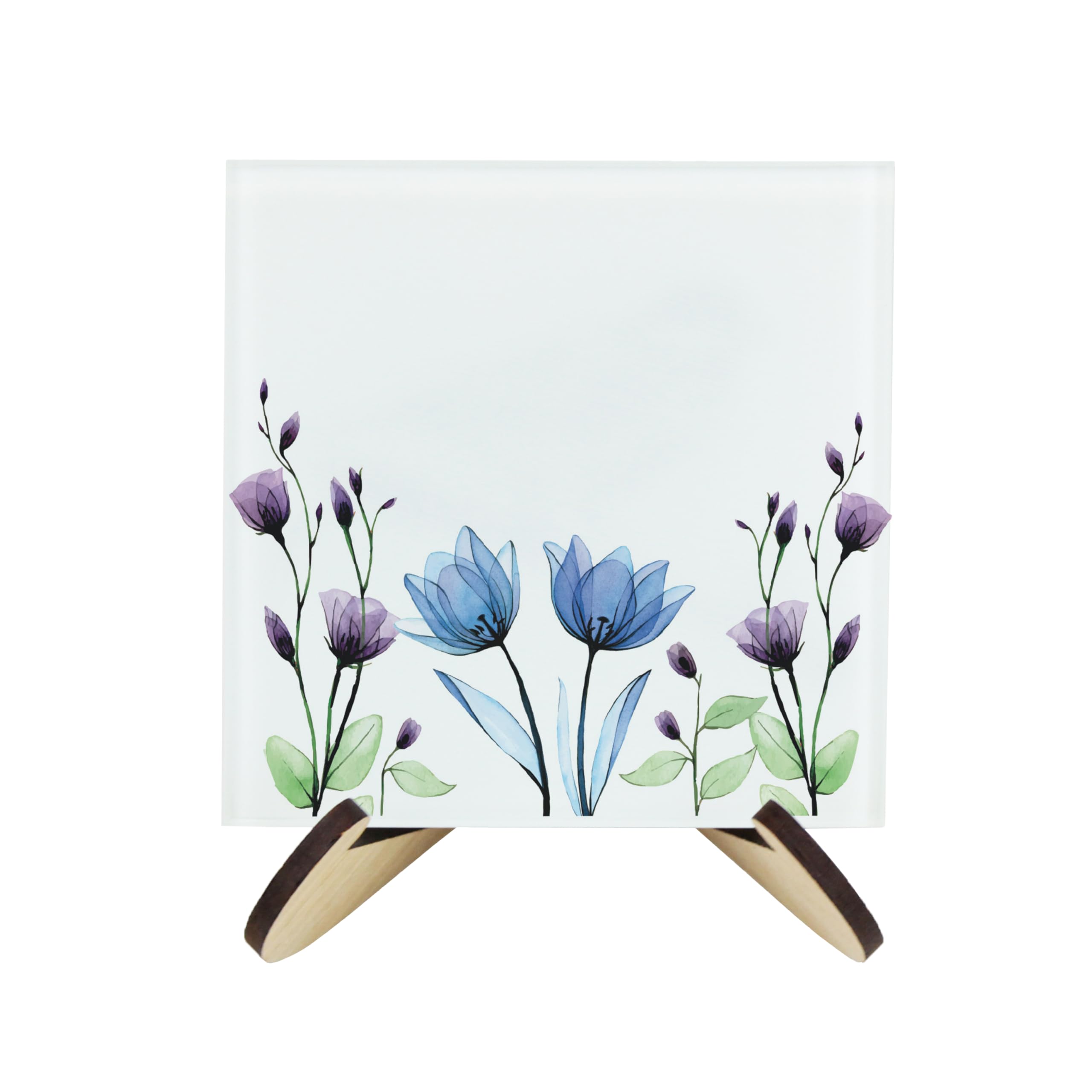 Floral Coaster Set - Square Glass Blue & Purple Flowers and Foliage - Set of Four (4) Coasters & Wood-Effect Stand