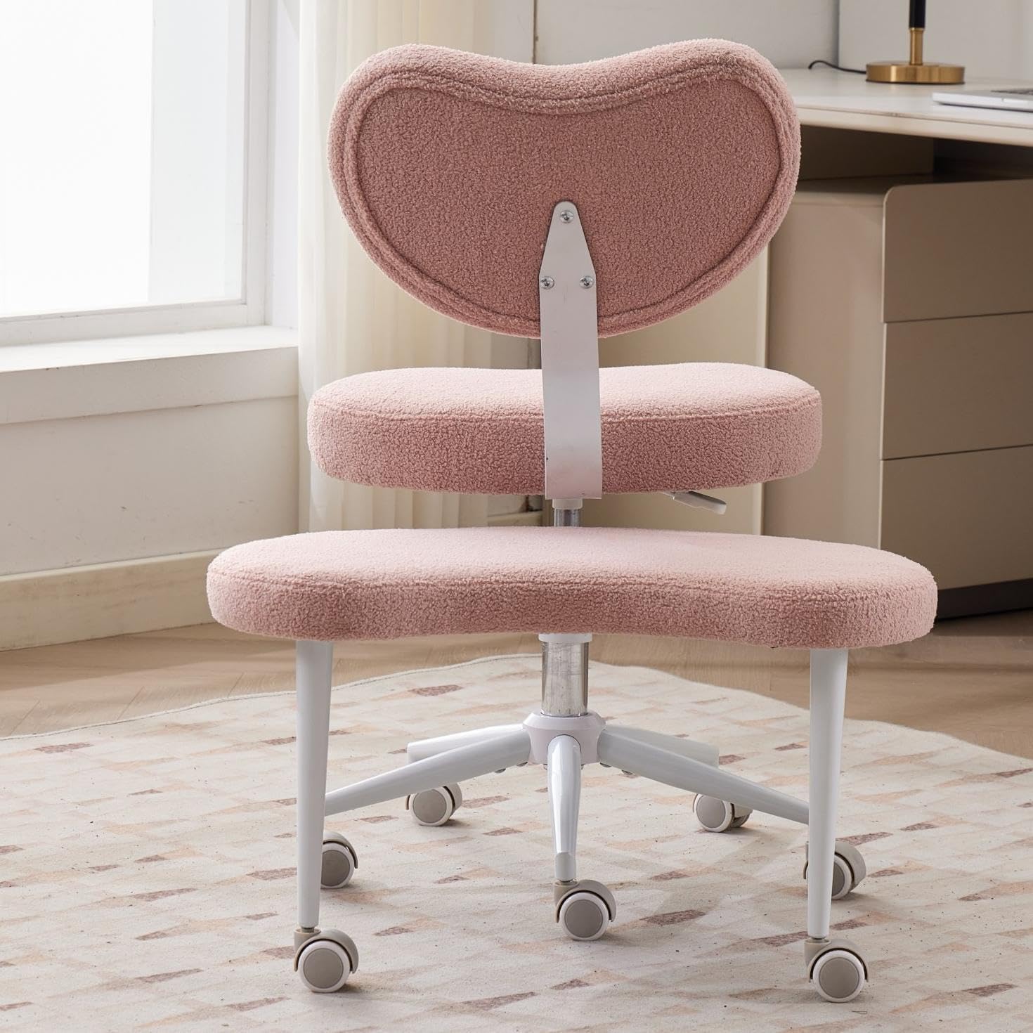 Ergonomic Kneeling Chair with Backrest, Pink Plush Fabric, Rolling Wheels, Adjustable Height, Office Posture Stool,Cross Legged Home Desk Office Chairs for Meditation,Yoga