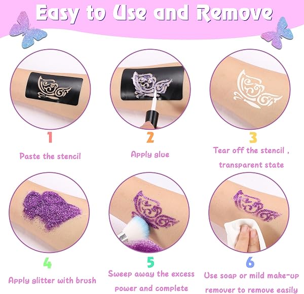Glitzer Tattoo Set für Mädchen & Erwachsene - 42 Farben Temporäre Tattoos, 215 Strasssteine, 204 Schablonen, 24 Glitzerpulver, 3 Kleber, 5 Pinsel - 5
