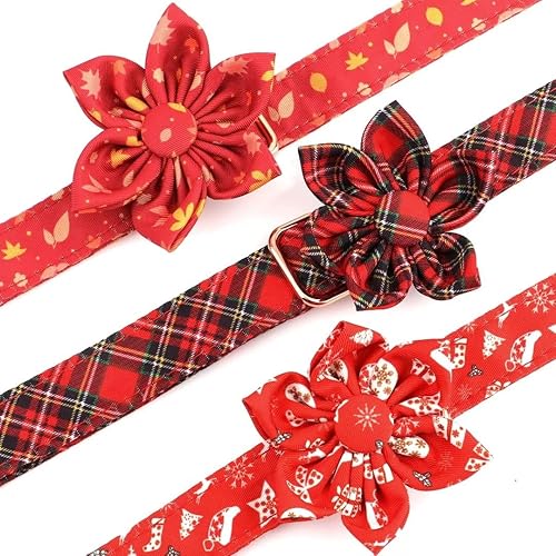 Miniatura 9 de Beirui Lindo collar de Navidad para perro hembra con flor, collares de perro con patrones navideños, collar rojo suave para mascotas ajustable para