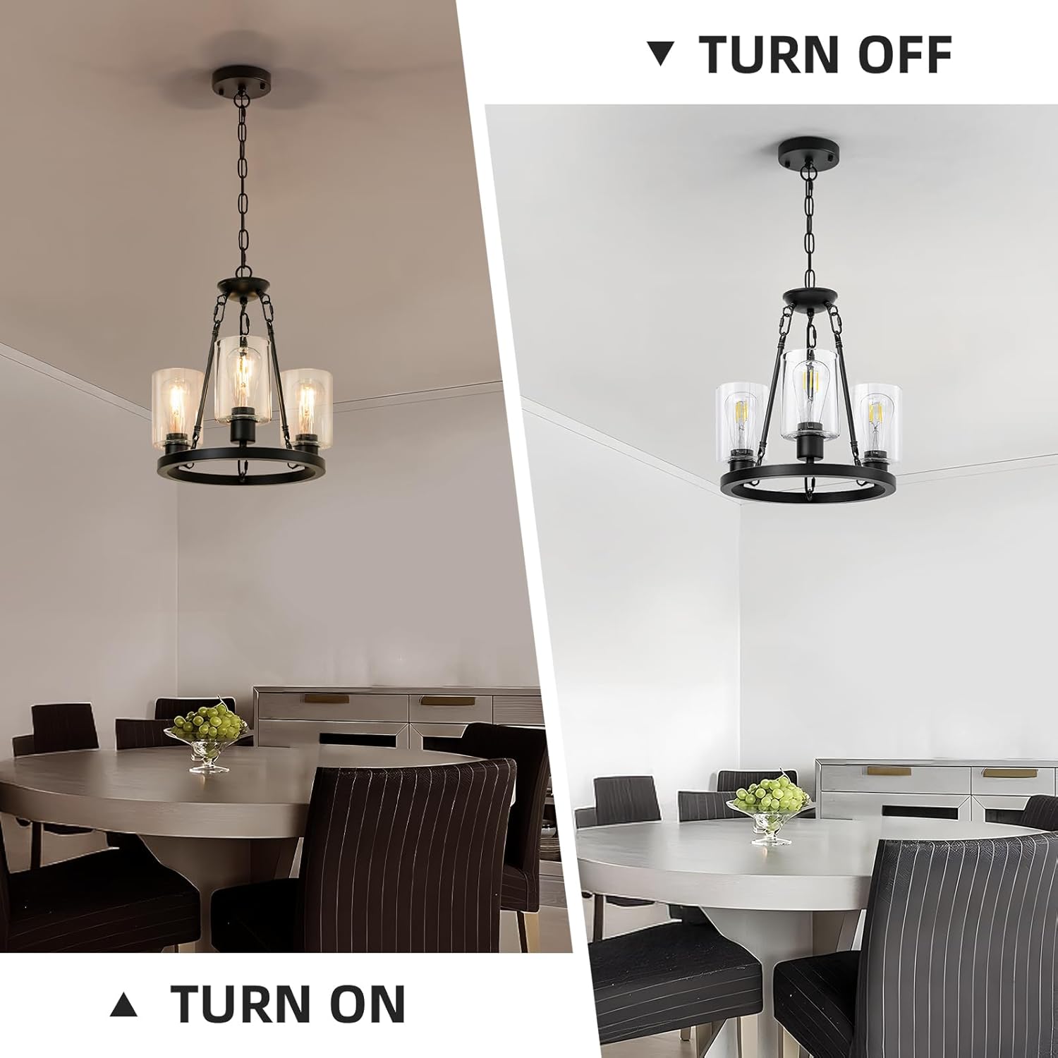 3-Light Modern Farmhouse Chandeliers for Dining Room,Wagon Wheel Black Chandelier,Adjustable Height Hanging Round Pendant Lights for Kitchen Island Clear Glass Shade Ceiling Light fixtures