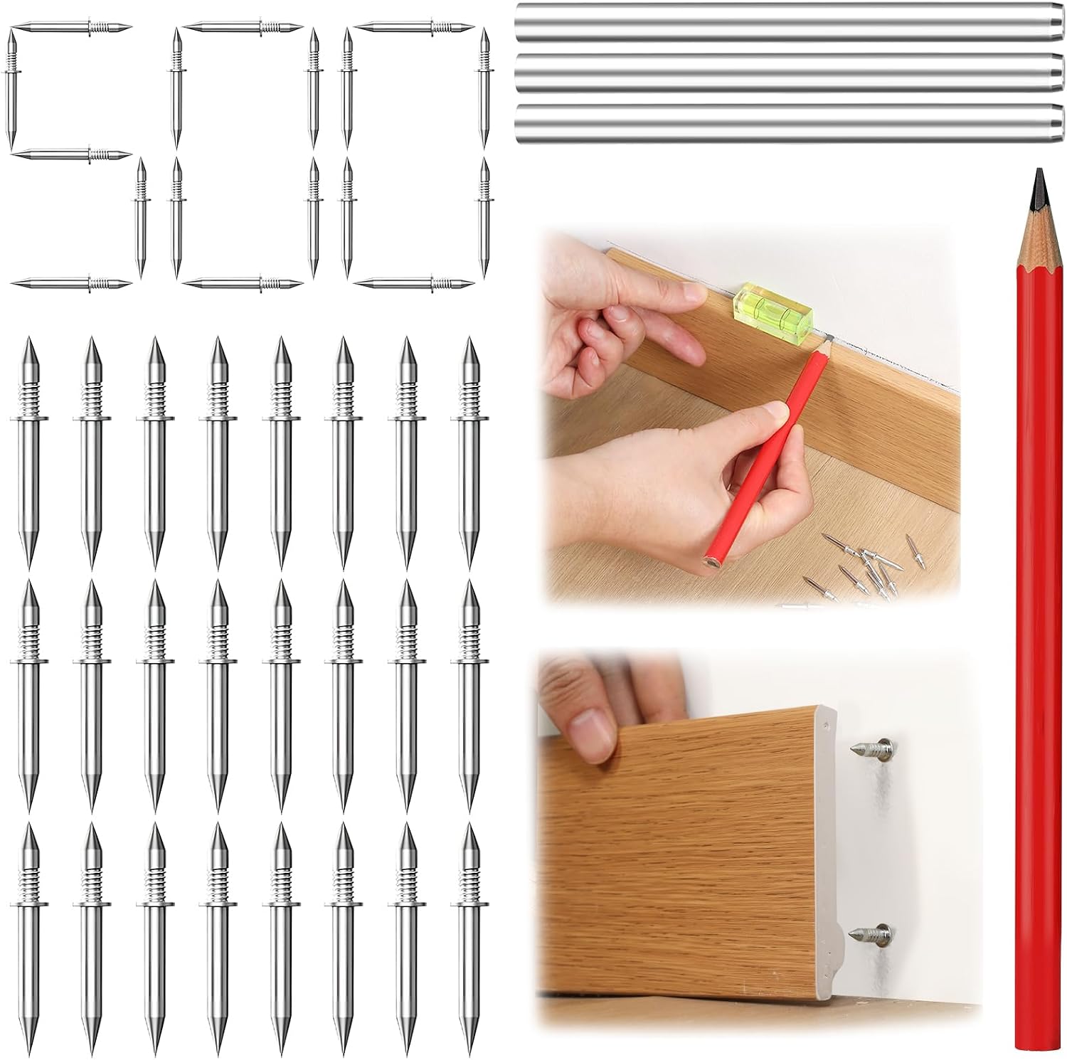 Baseboard Double Headed Nails: For Skirting Wood Trim Drywall - Rust-Resistant - No Drill - No Marks Includes 300 PCS Seamless Installation - 1 pair of hands 2 actions done in 3 seconds.