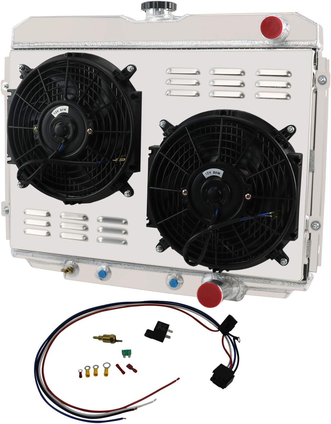 CU338 Aluminum Radiator Fan For 1967-1970 68 69 ford Mustang Mercury Cougar Base XR-7 V8, 3 Row Core Cooling Radiators with Electric Fan Shroud Thermostat Kit