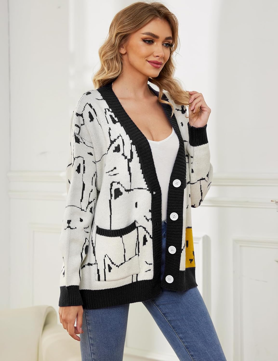Arssm Cat Sweater for Women Oversized Button Down V Neck Knit Cardigan Cute Kawaii Cartoon Print Sweater Fall Clothes - Image 2