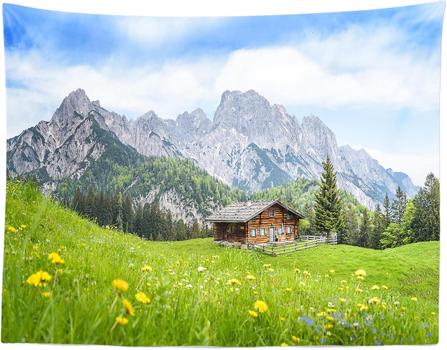 BELECO Europe Austrian Alpine Mountain Wall Tapestry 118x96 Inch Green Grassland Cabin Spring Flowers Nature Tapestry Mountains Forest Tapestry Wall Hanging for Bedroom Living Room Dorm Decor