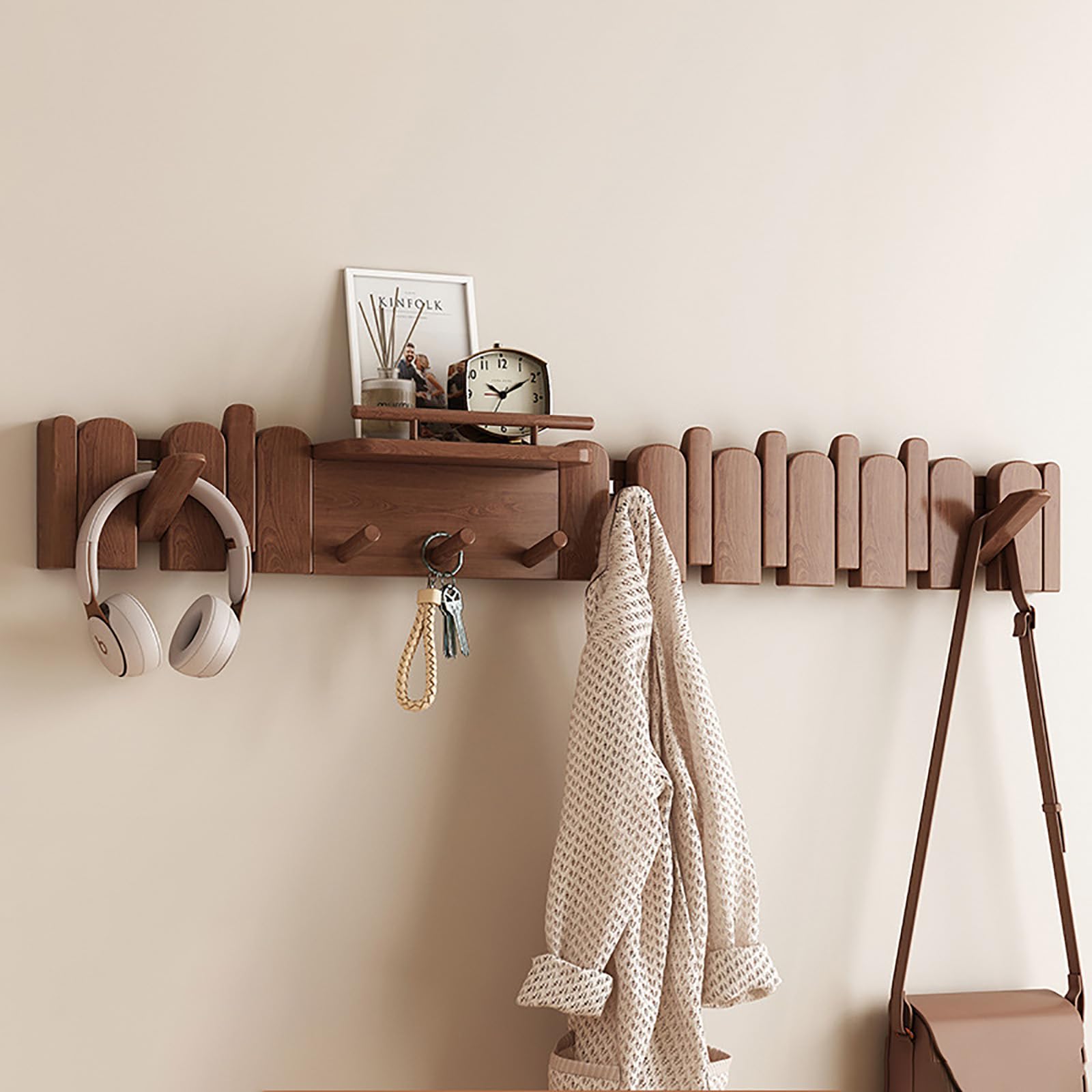 JS Space Piano Key Wall Coat Rack with Shelf, Wooden Flip Down Hooks, Entryway Wall Organizer for Bathroom, Hallway, Bedroom Walnut 11-Hook
