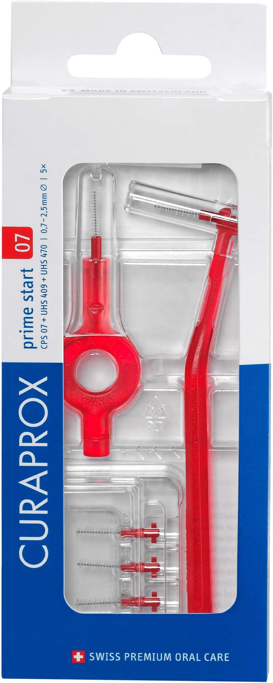 CPS 07 Prime Start Interdental Brush Set |Starter Set with 5 Brushes |2 Different Holders |Red | 0.7 mm Diameter |2.5 mm Effectiveness | Made in Switzerland
