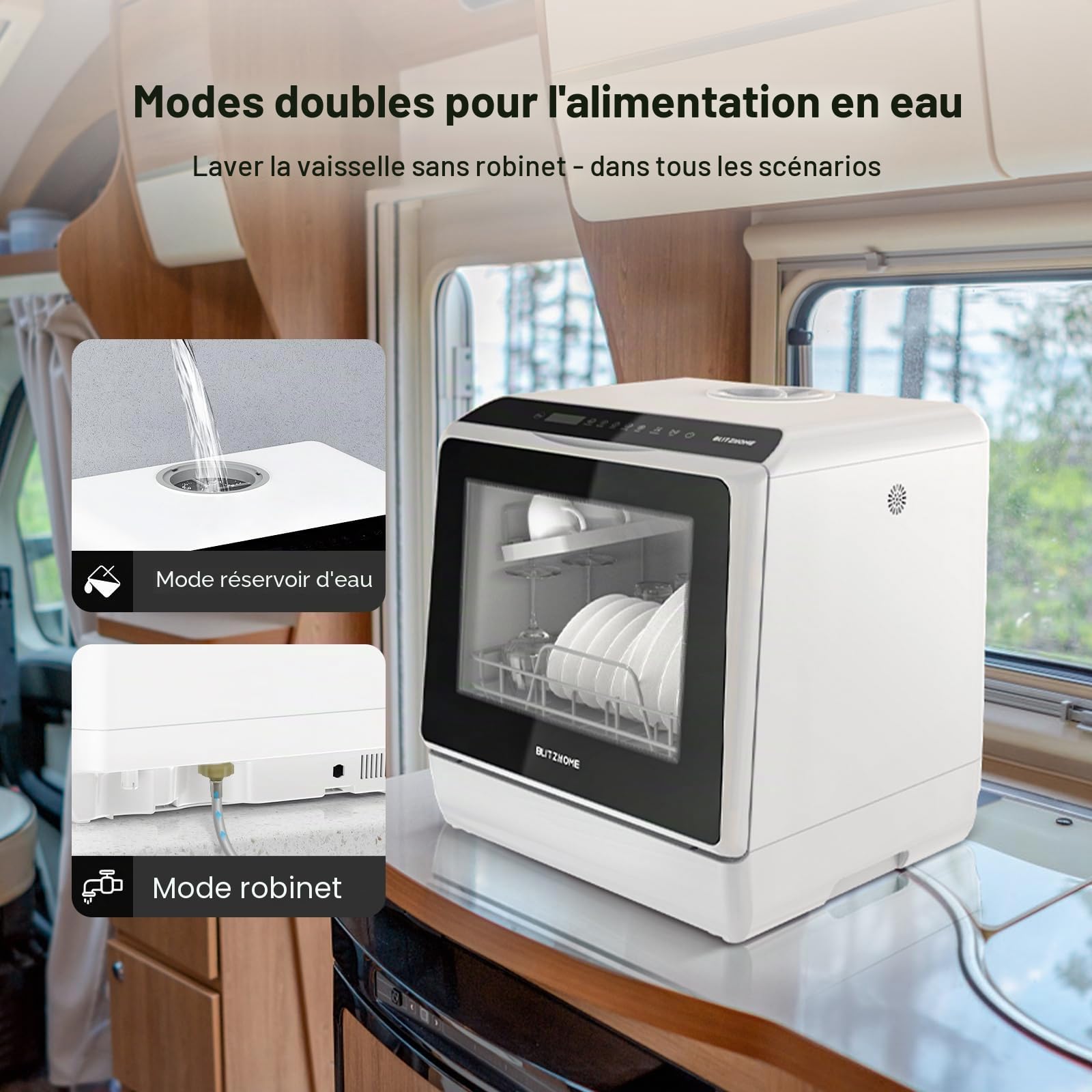 Mini lave-vaisselle BLITZHOME, contrôle par application, 6 programmes, lave-vaisselle de table intelligent et portable avec réservoir d'eau de 5L, utilisable avec ou sans raccordement à l'eau, séchage