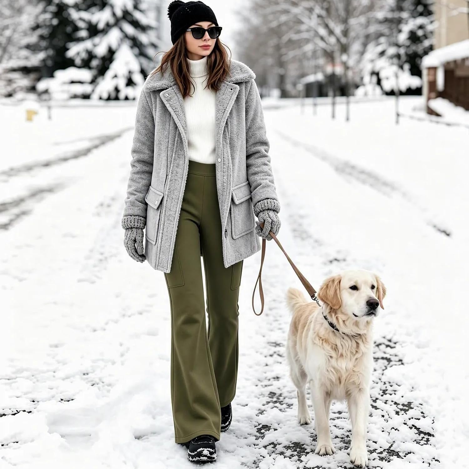 Women High Waist Thick Thermal Cargo Flare Leggings with Pockets