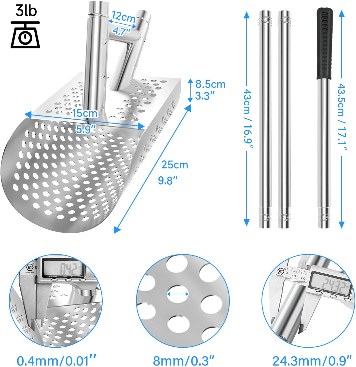 SANLIKE Sand Scoop for Metal Detecting for Adult,Heavy Duty Metal Detector Scoop, Stainless Steel Beach Scoop,Detecting Tool,Digging Shovel Fast Sifting Shovel（Bag + Sand Scoop+Sand Shovel）