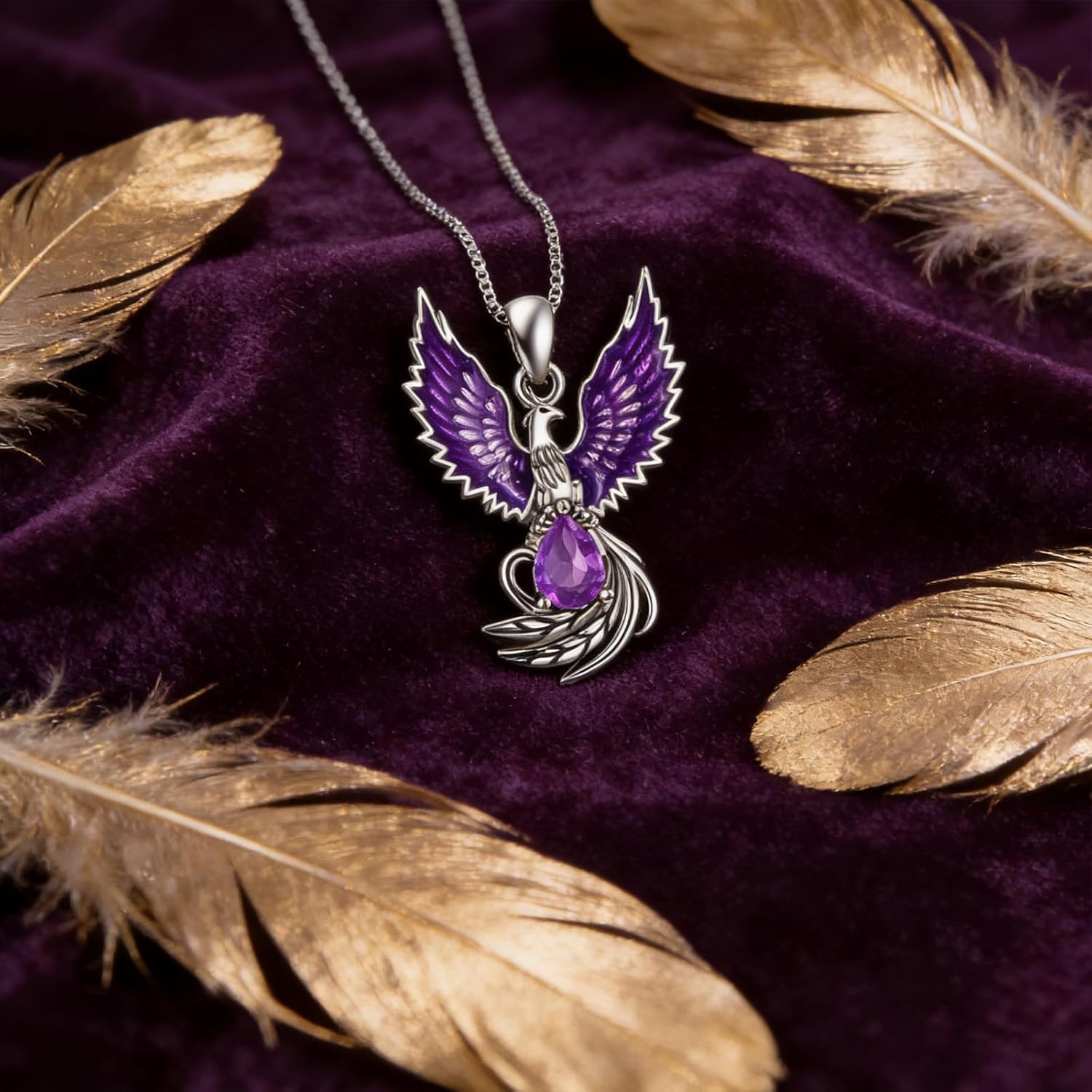 Teardrop-Shaped Amethyst Phoenix Pendant Necklace Sterling Silver, Unique Christmas or birthday Gifts for Women - Image 2