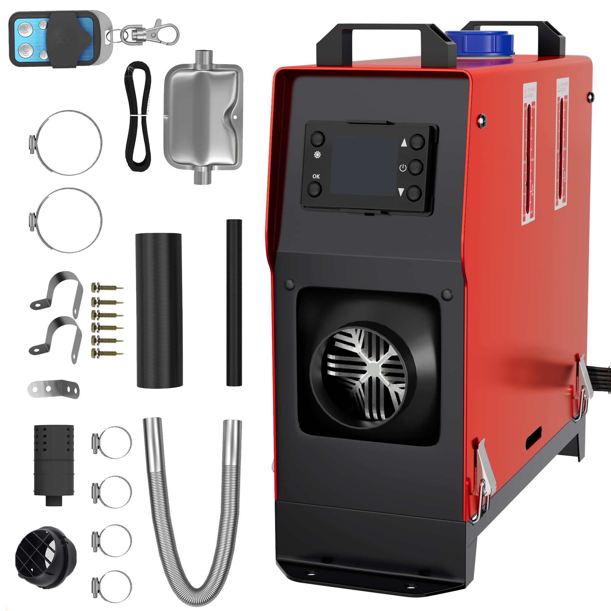 SUBTLETY 12V 8kW Chauffage Diesel 0.18-0.48 L/h Réchauffeur D'Air Diesel Autonome avec Télécommande Moniteur LCD et Silencieux pour Voiture Camion RV Camping-Car Bateaux Bus (Rouge, Type B)