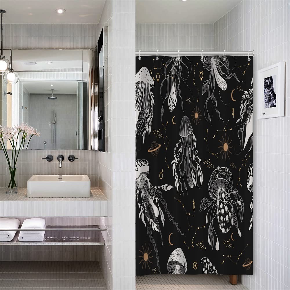 Vintage Psychedelic Shower Curtain Mushrooms Aeolian Bells Boho Constellation Shower Curtains Waterproof Fabric Durable Washable with Hooks, 72.00'' x 36.00''