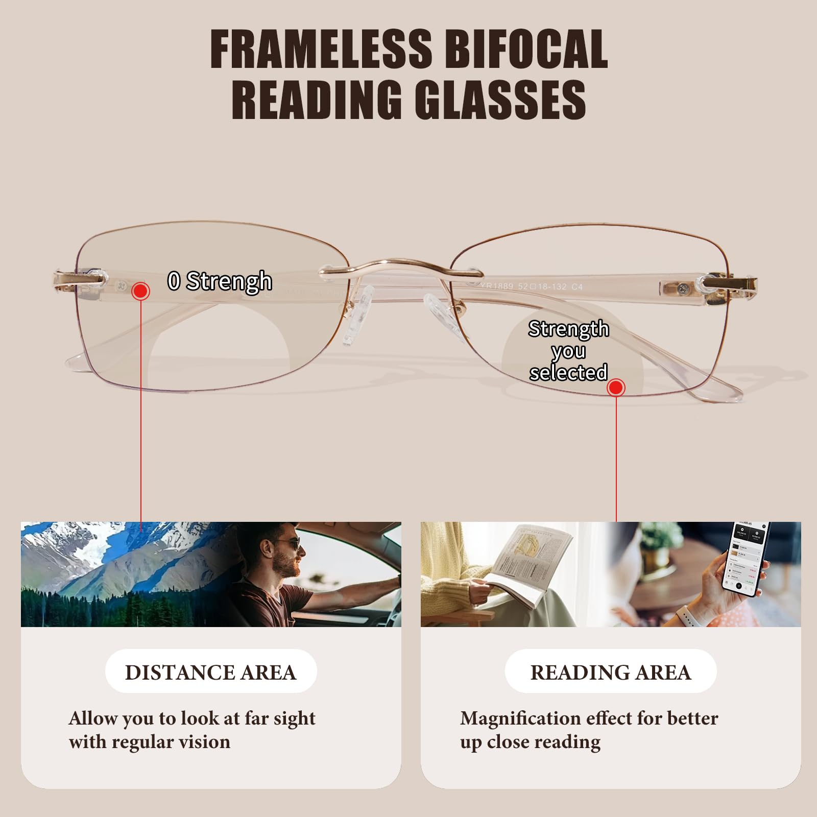 ZESAKER Rimless Bifocal Reading Glasses for Women Frameless Rectangle Bifocal Clear Top Readers for Women Blue Light Blocking Progressive Transition Eyeglasses (Light Brown, 2.5)