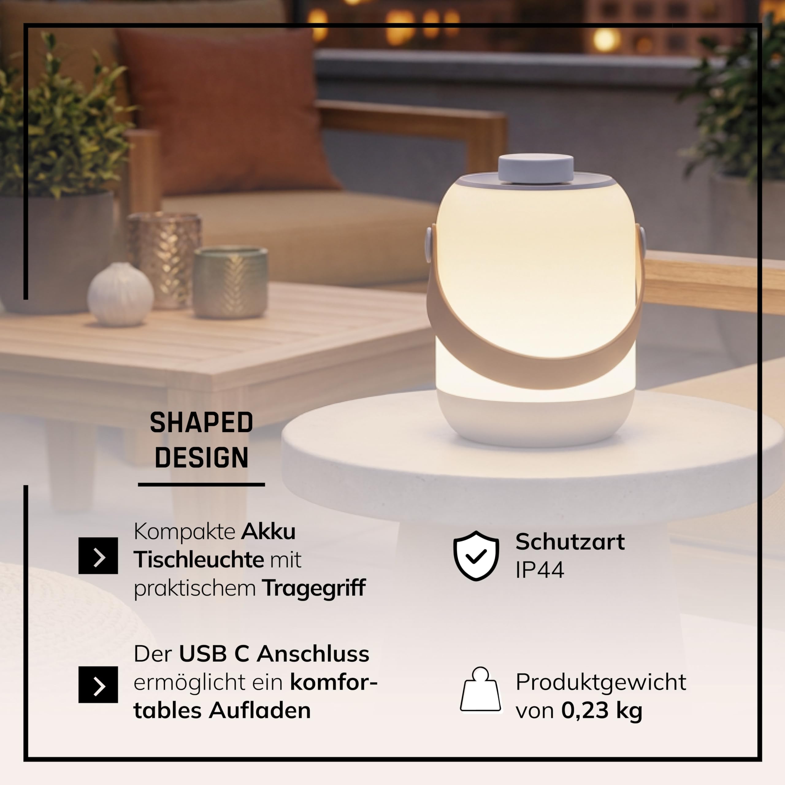 Lightbox LED Tischlampe Outdoor - Akku Tischlampe kabellos & dimmbar - IP44 Gartenlampe, Camping Tischlampe - warmweiß 200 lm - 90h Leuchtdauer USB aufladbar