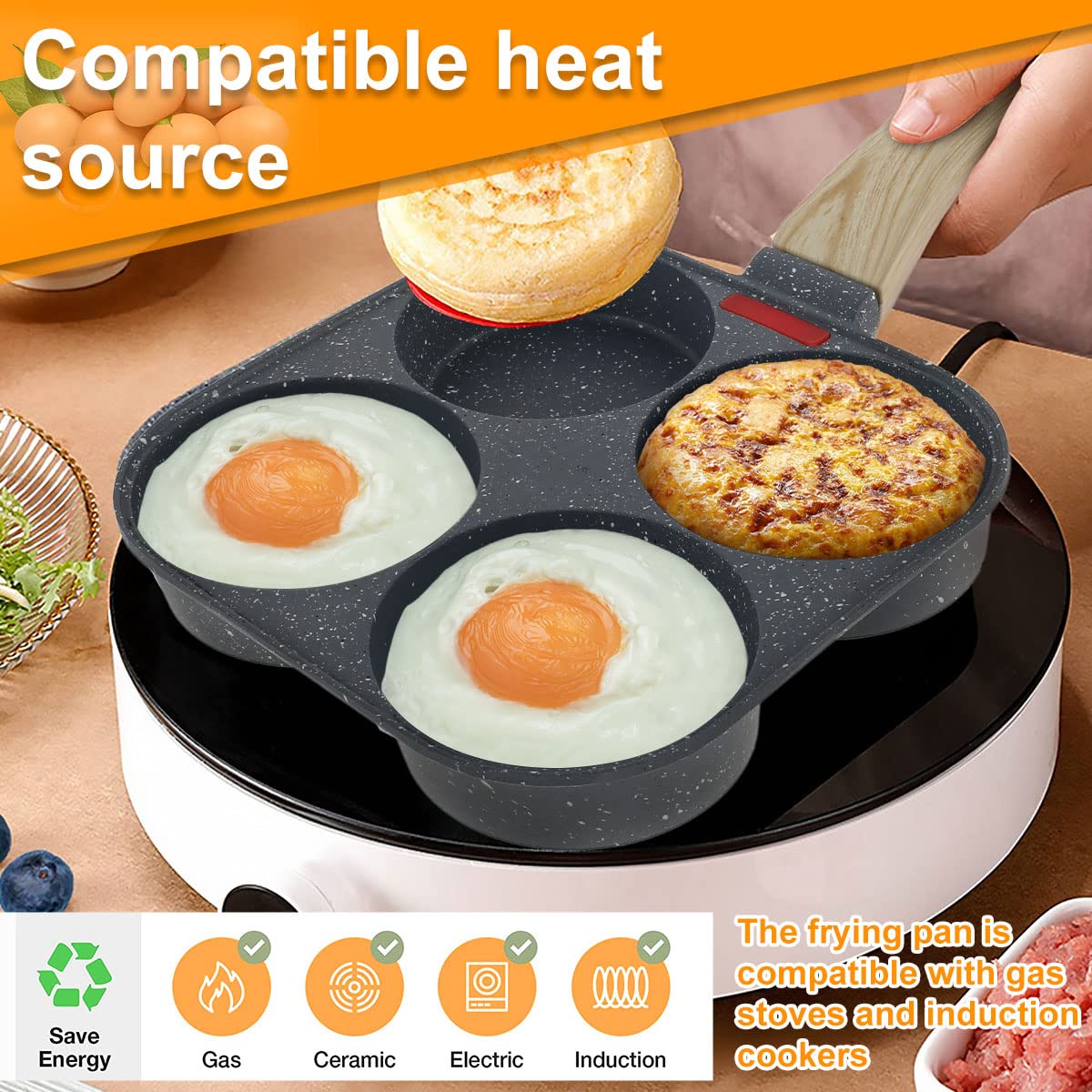 Your's Bath Non-Stick Frying Pan with 4 Hole Mini Egg Cooker Omelet Pan Egg Skillet with Wood Handle Easy to Clean Multi Pancake Pan Aluminum Fried Egg Burger Pan for Breakfast - Image 3