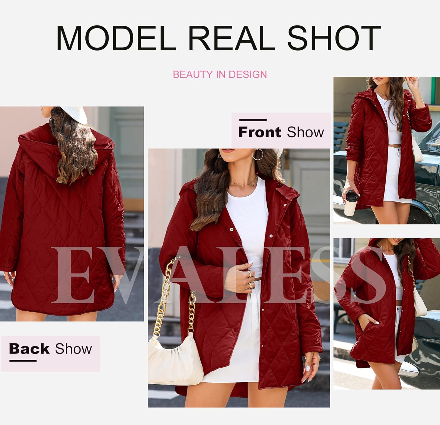 EVALESS Winter Outfits for Women Diamond Quilted Jackets Trendy 2025 Fall Long Sleeve Coat Hooded Button Down Puffer Jacket Solid Shacket Jacket Clothing for Women Dressy Casual, Red Medium - Image 6