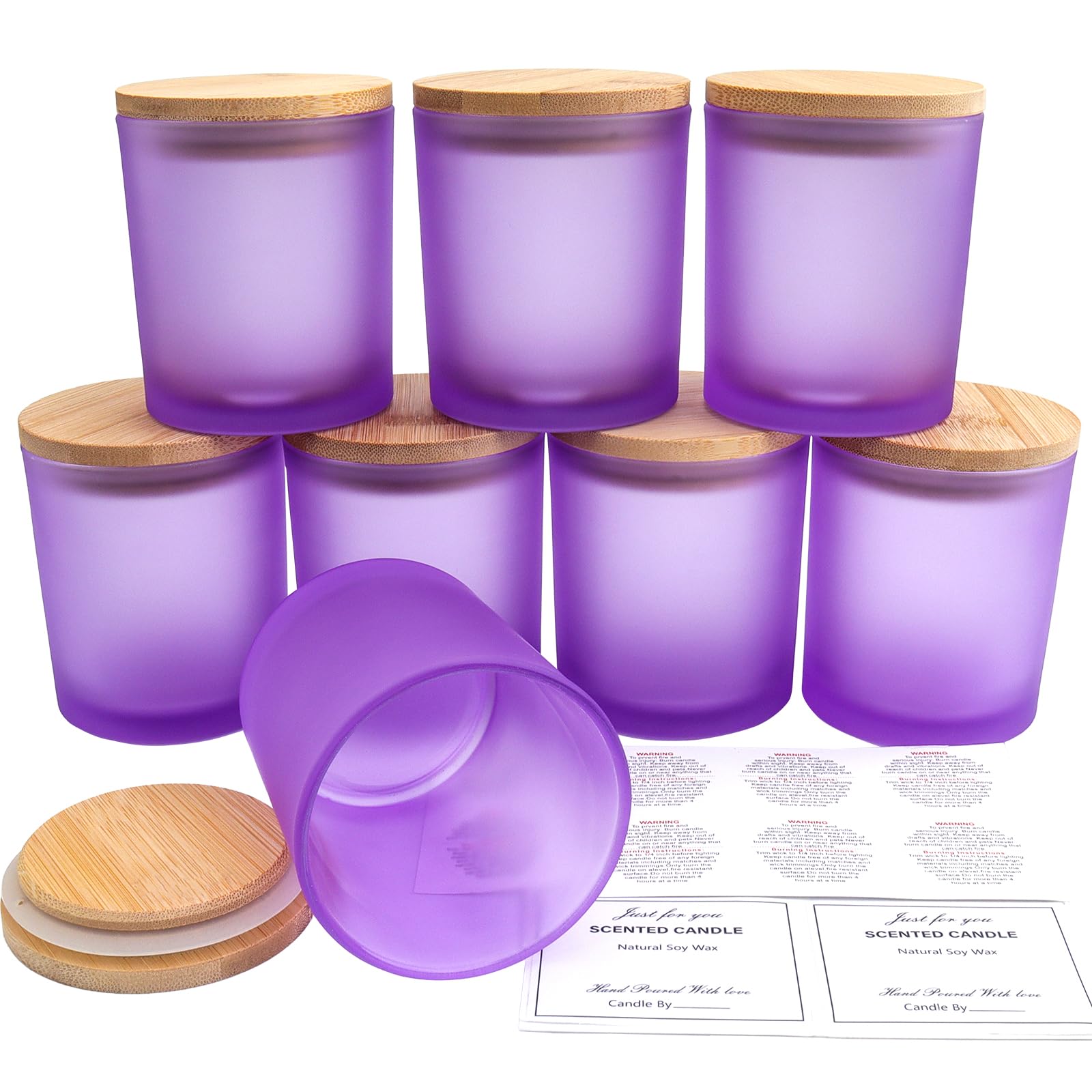 Roellgs 8 Pack 10 OZ Matte Candle Jars with Bamboo Lids, Thick Glass Empty Jars for Making Candles - Dishwasher Safe, in Bulk. (Matte Purple)