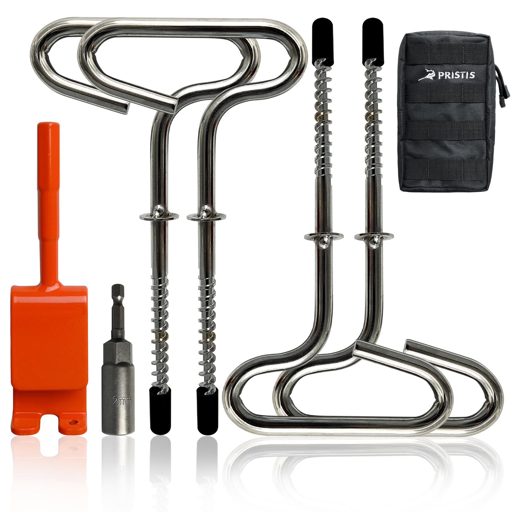 Pristis Ice Anchor Tool Kit, Ice Fishing Tent Stakes Nails with Drill Adapter, Stainless Steel Augers Accessories Set, Threaded Gear Equipment with Protective Bag for Setting Up Camping Shelter Shanty