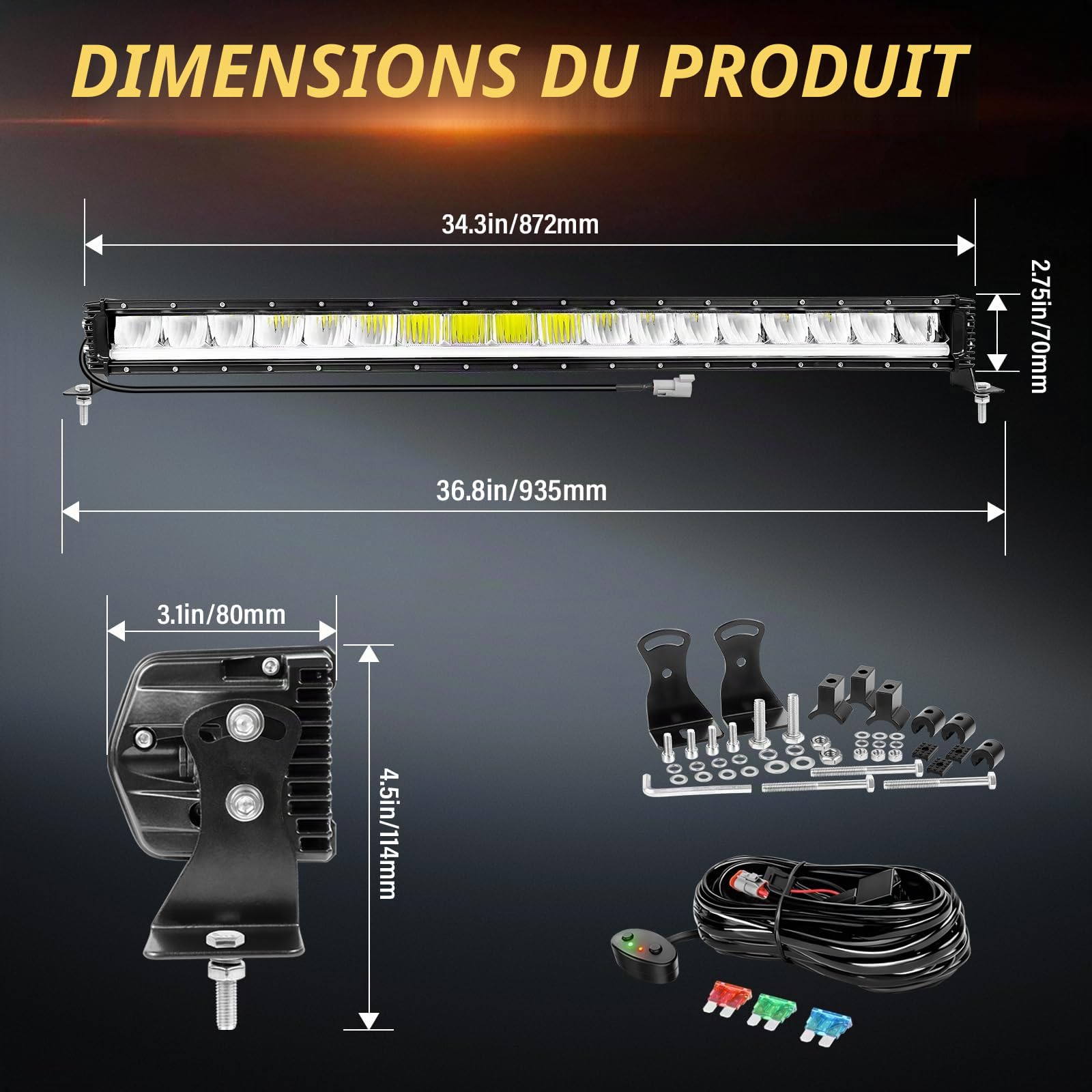 RIGIDON 34 Pouces 87 cm 120W 12000lm Barre de LED 4x4 avec 12V Faisceau kit